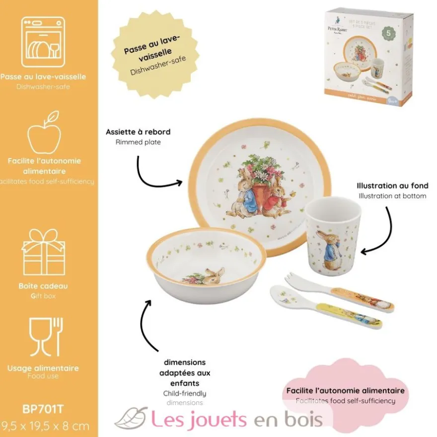 Coffret vaisselle en mélamine 5 pièces Pierre Lapin abricot - Petit Jour