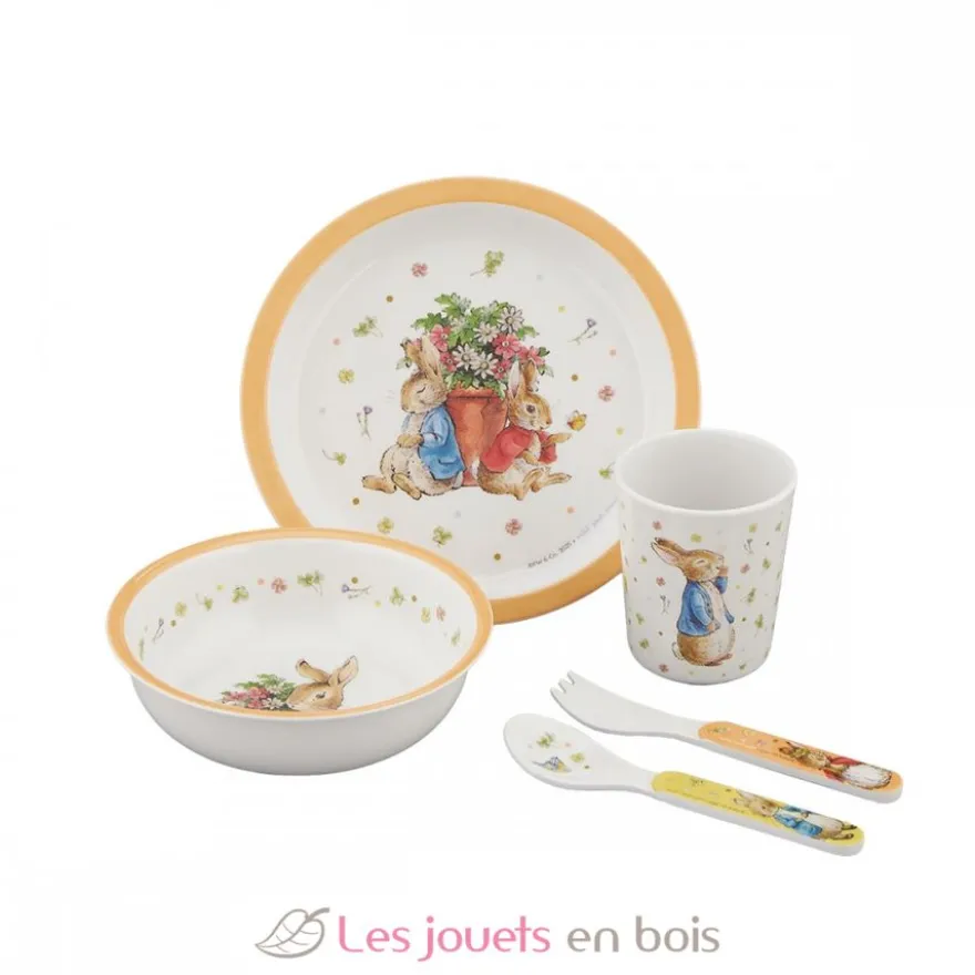 Coffret vaisselle en mélamine 5 pièces Pierre Lapin abricot - Petit Jour