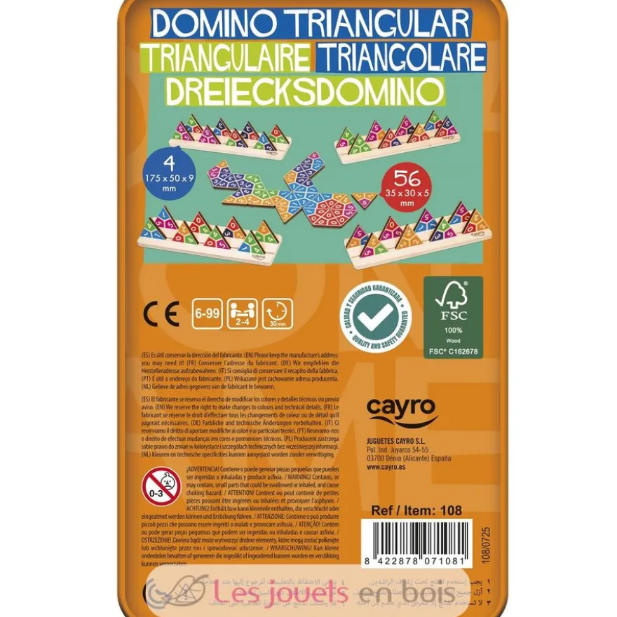 Domino triangulaire en bois livré en boite métal - Jeu de voyage - Cayro