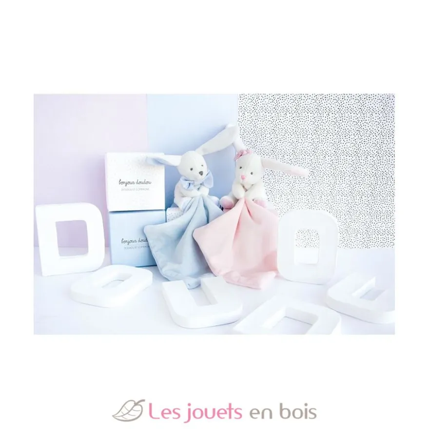 Doudou Lapin Mouchoir bleu boite Fleur - Doudou et Compagnie