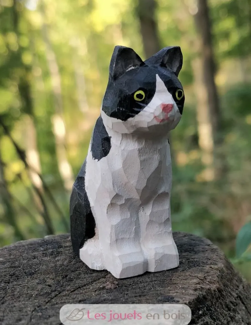 Figurine chat en bois noir et blanc - Wudimals