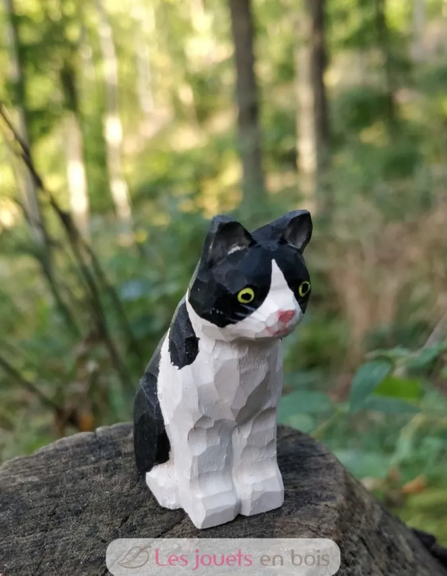 Figurine chat en bois noir et blanc - Wudimals