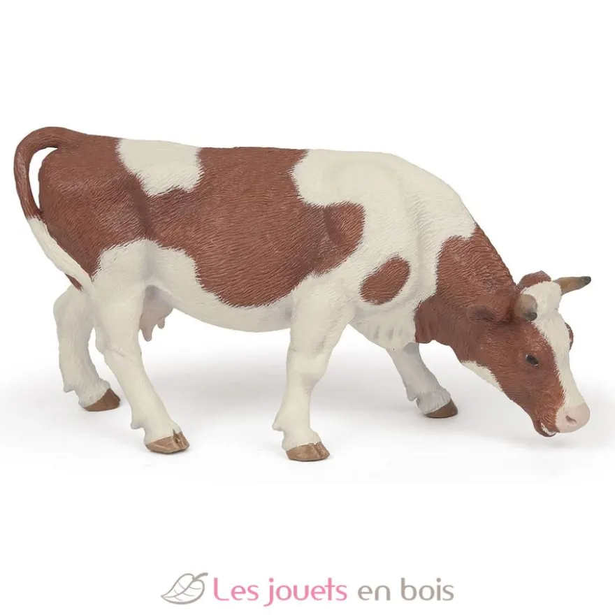 Figurine Vache simmental broutant marron et blanc Papo