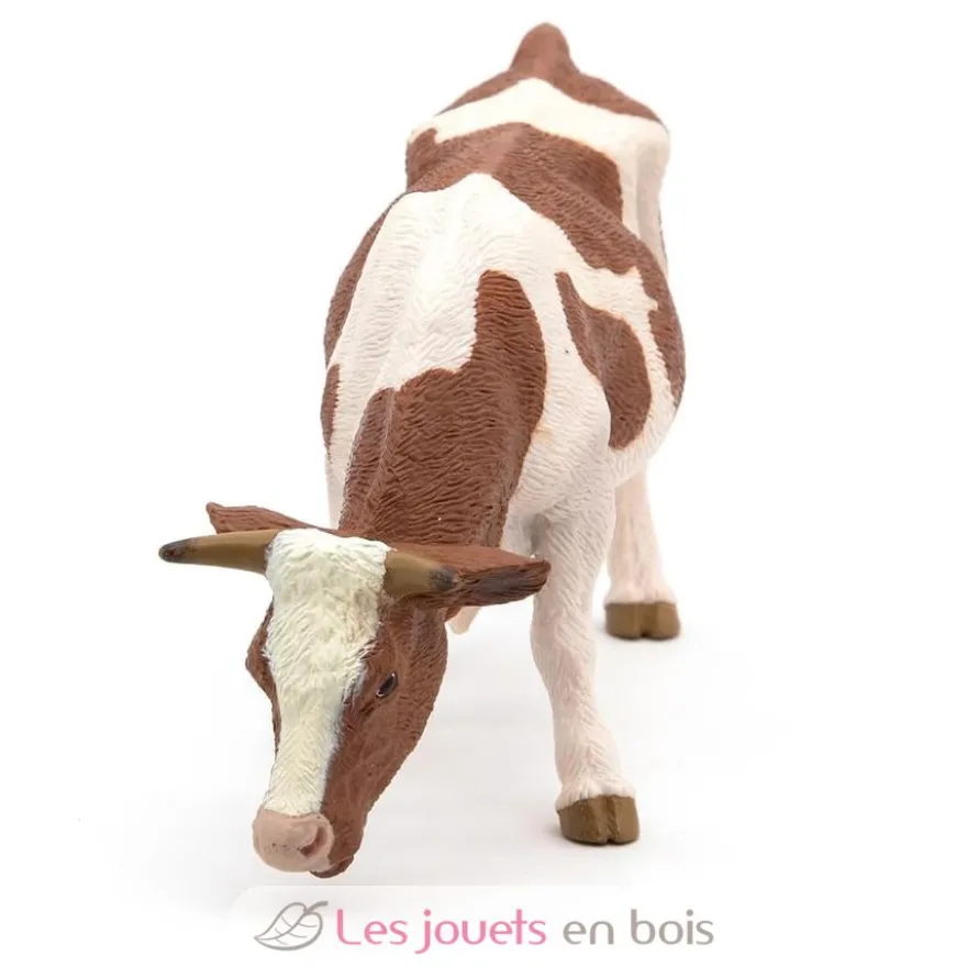 Figurine Vache simmental broutant marron et blanc Papo