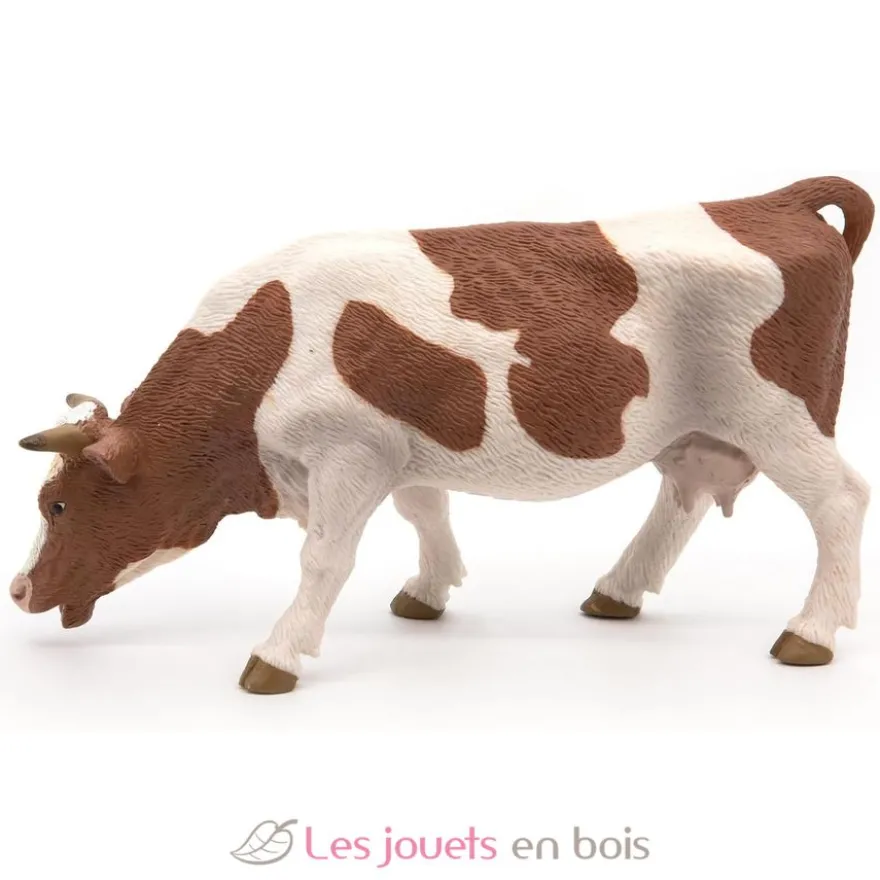 Figurine Vache simmental broutant marron et blanc Papo