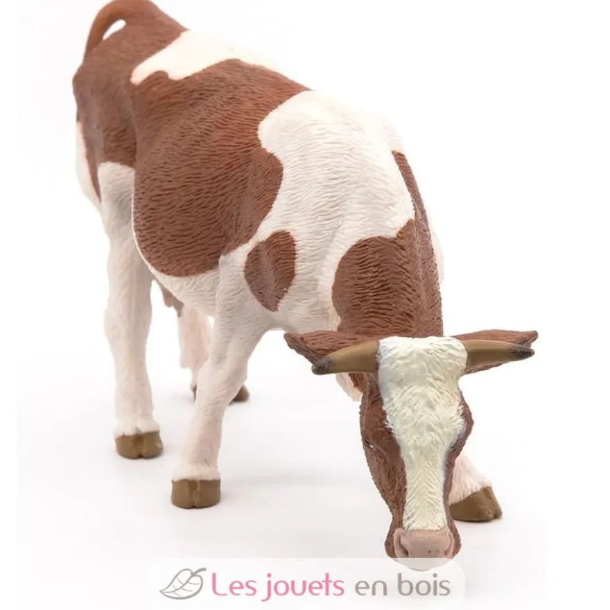 Figurine Vache simmental broutant marron et blanc Papo