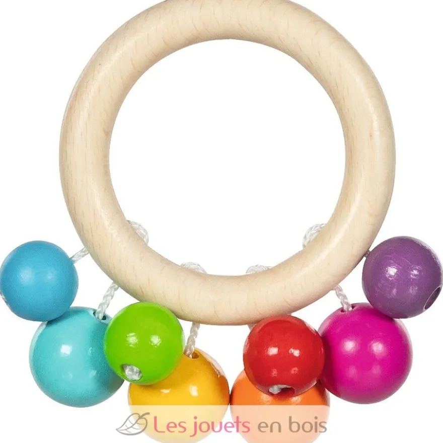 Hochet anneau en bois avec perles arc-en-ciel - Goki
