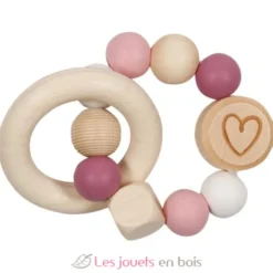 Hochet en bois et silicone cœur rose - Goki