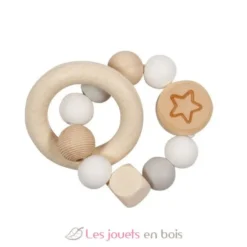 Hochet en bois et silicone étoile gris blanc - Goki