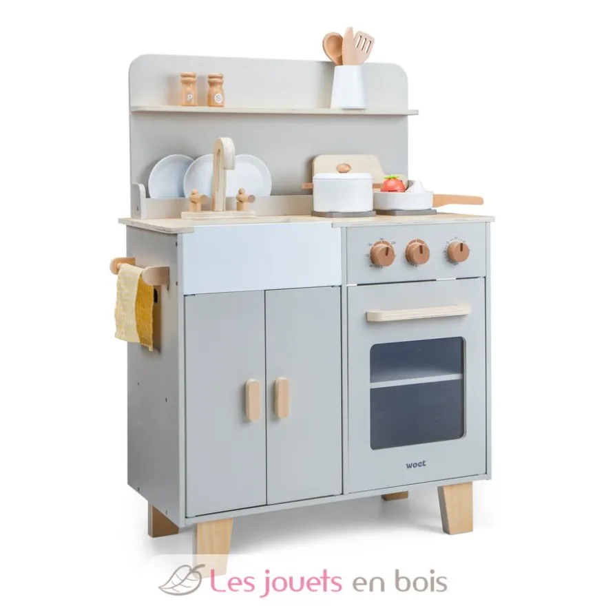 Kitchenette en bois pour enfant gris beige - New Classic Toys