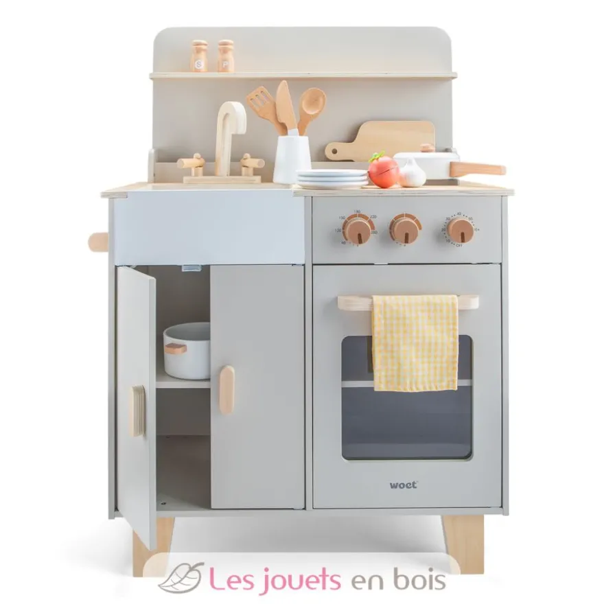 Kitchenette en bois pour enfant gris beige - New Classic Toys
