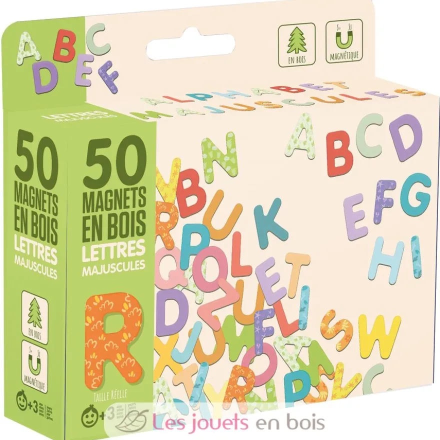 50 magnets en bois - Lettres Majuscules - Jeujura