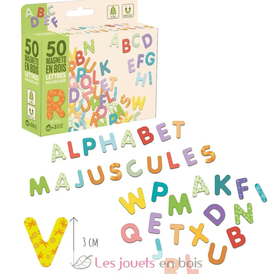 50 magnets en bois - Lettres Majuscules - Jeujura