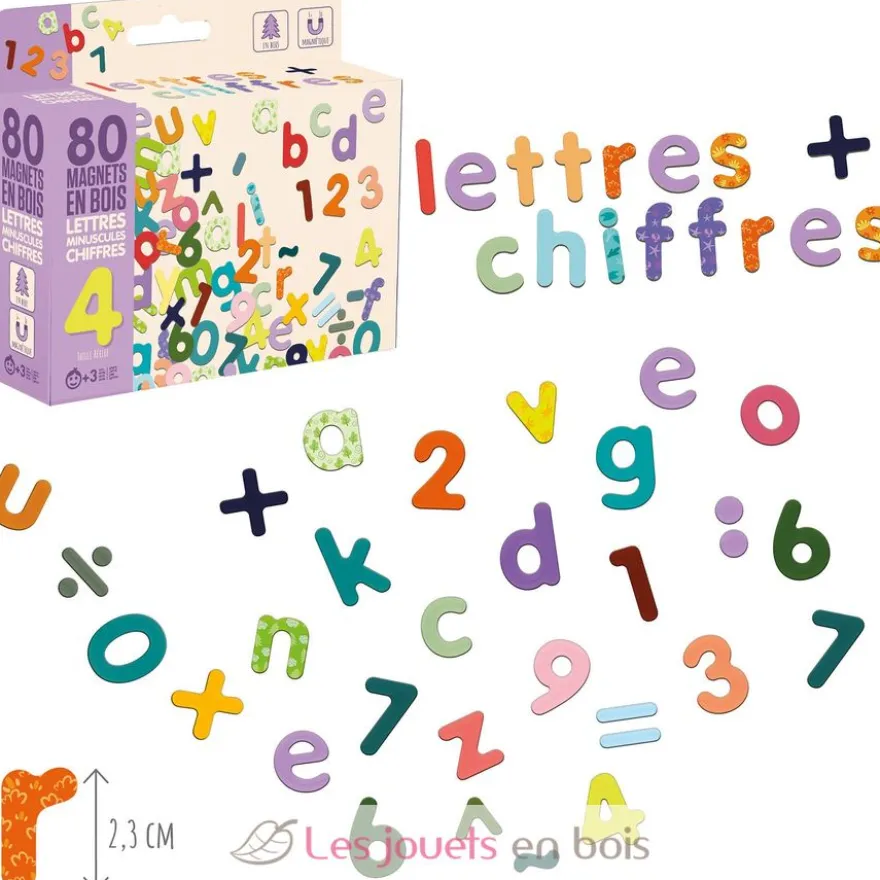 Magnets en bois - Lettres minuscules et Chiffres - Jeujura