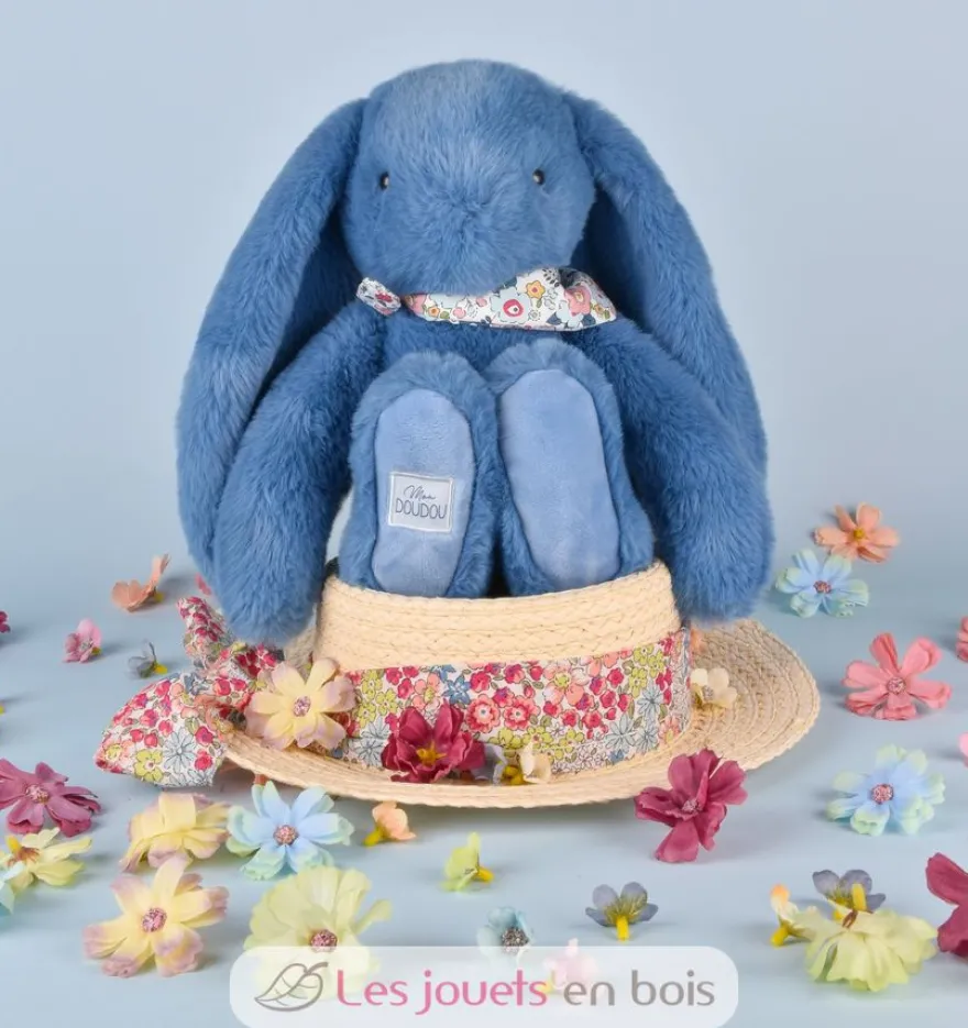 Peluche Lapin Fleurette bleu 25 cm - Doudou et Compagnie