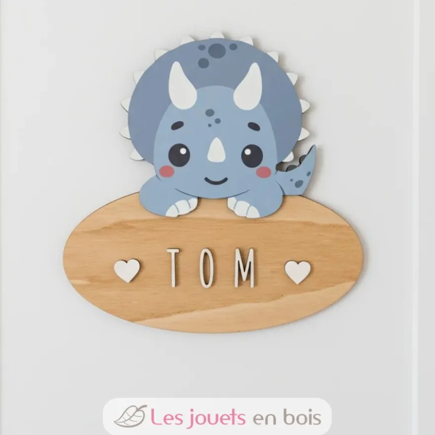 Plaque de porte en bois personnalisable Tricératops - Vintiun