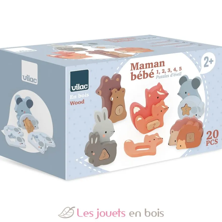 Puzzles d'éveil en bois - Maman bébé animaux à compter - Vilac