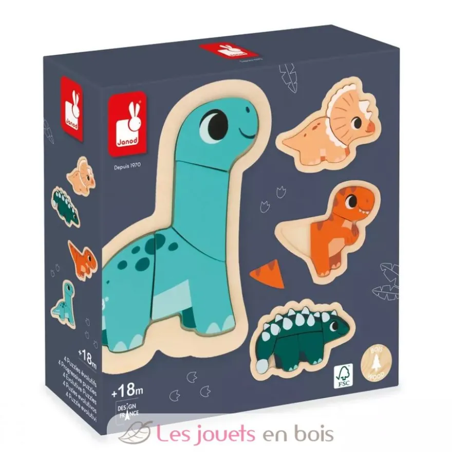 4 puzzles évolutifs en bois Dino - Janod